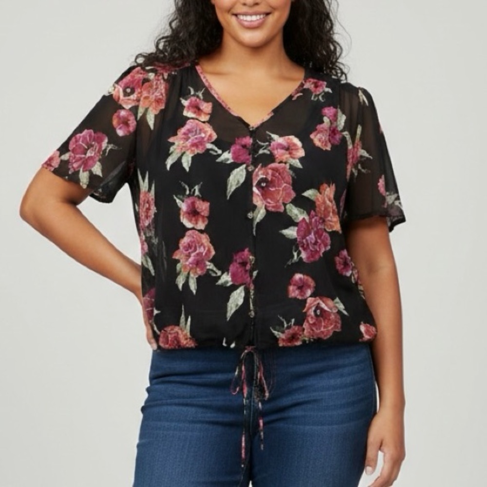 IVY ROSE Sheer Mesh Floral Rose Print Drawstring Waist Faux Button Blouse Top 3X